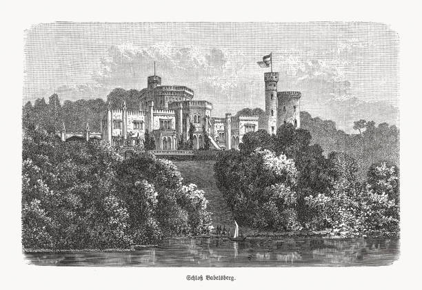illustrations, cliparts, dessins animés et icônes de vue historique du palais de babelsberg, brandebourg, allemagne, gravure sur bois, publié en 1893 - babelsberg