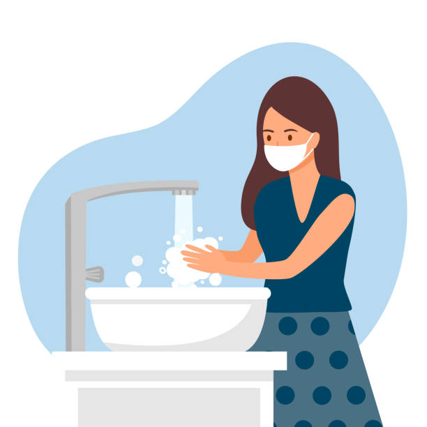 ilustrações de stock, clip art, desenhos animados e ícones de a woman washing her hands in the sink concept vector illustration. washing hands under faucet with soap and water. virus and germs prevention healthcare in flat design. - washing hands illustrations