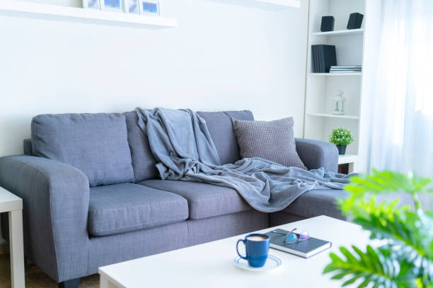 istock Living room interior: gray couch with blanket and pillow 1286303896