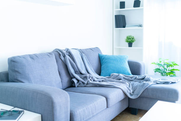 istock Living room interior: gray couch with blanket and pillow. Copy space on the wall 1286303919