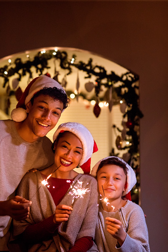 Beautiful Black mixed race mother and two sons celebrating a family Christmas at their warm decorated home