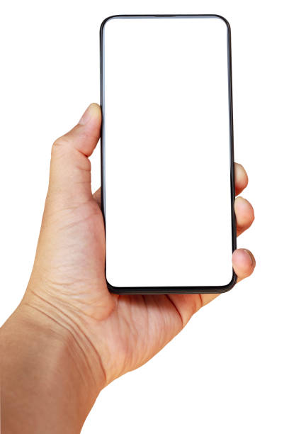 istock Male's hand presenting cellphone with blank screen isolated on white background. Clipping path 1286309007