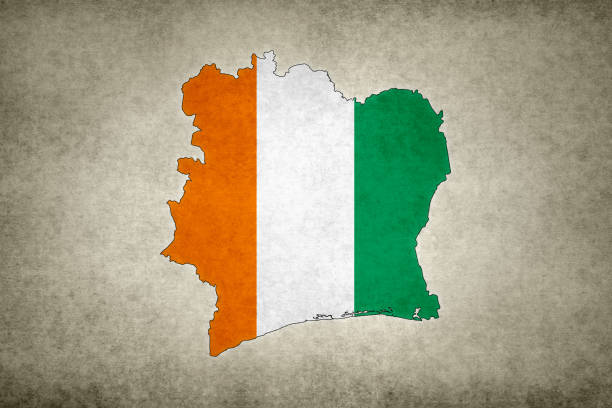 Grunge map of Ivory Coast with its flag printed within its border on an old paper.