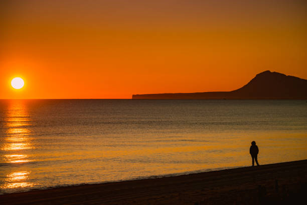 istock Person silhouette on beach enjoy sunrise 1286310193