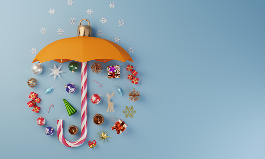 An umbrella made of christmas candy and christmas ornaments flat lay, can be used new year concepts. ( 3d render )