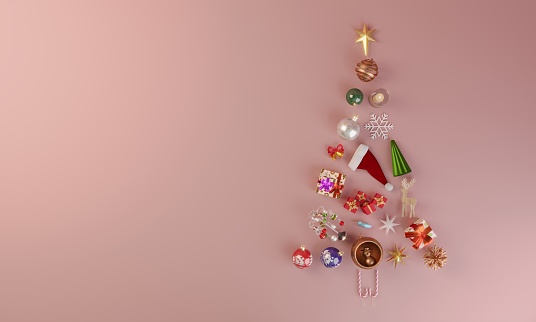 Christmas tree made of ornaments flat lay, can be used new year concepts. ( 3d render )