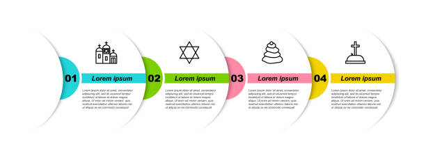 세트 라인 교회 건물, 다윗의 별, 스택 뜨거운 돌과 십자가와 삭제 표시. 비즈니스 인포그래픽 템플릿입니다. 벡터 - jerusalem stone illustrations stock illustrations