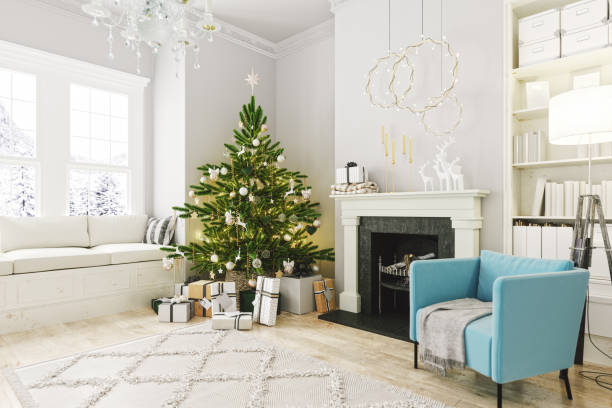 accogliente soggiorno con camino e decorazione di natale - window christmas christmas tree winter foto e immagini stock