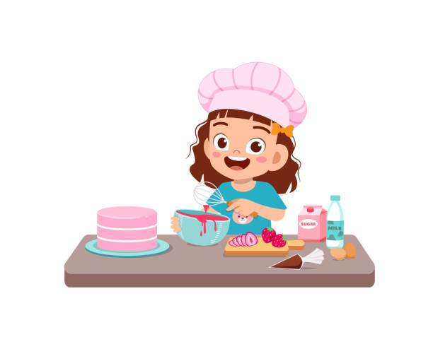 幸せなかわいい子供の男の子と女の子はシェフの制服を着用し、誕生日ケーキを調理 - cake birthday domestic kitchen child点のイラスト素材／クリップアート素材／マンガ素材／アイコン�素材