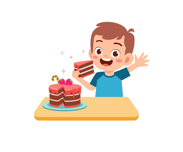 幸せなかわいい子供の男の子と女の子は誕生日ケーキを食べる - cake birthday domestic kitchen child点のイラスト素材／クリップアート素材／マンガ素材／アイコン素材