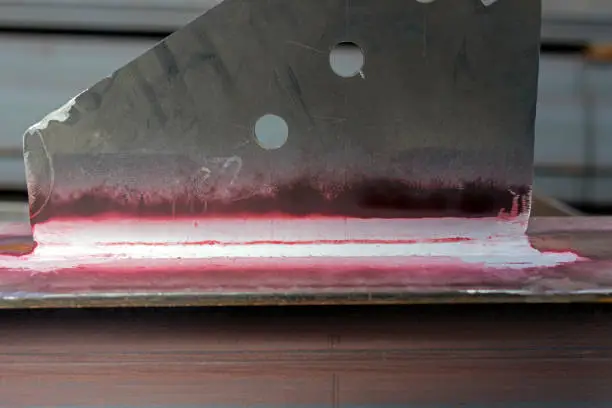 Photo of Dye penetrant inspection (DP), liquid penetrate inspection (LPI) or penetrant testing (PT) to carbon steel welds. The penetrant may be applied to all non-ferrous materials and ferrous materials.