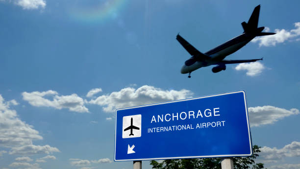 istock Plane landing in Anchorage with signboard 1286316720
