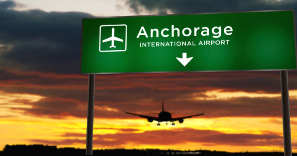 istock Plane landing in Anchorage with signboard 1286316743