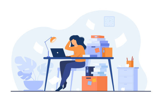 Tired overworked secretary or accountant Tired overworked secretary or accountant working at laptop near pile of folders and throwing papers. Vector illustration for stress at work, workaholic, busy office employee concept woman laptop stock illustrations