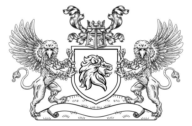 Coat of Arms Crest Lion Griffin or Griffon Shield A crest coat of arms family shield seal featuring two griffins or griffons and lion bills lions stock illustrations