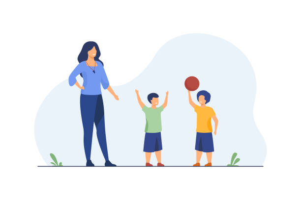 Sport coach standing at kids playing ball Sport coach standing at kids playing ball. Teacher, trainer, instructor flat vector illustration. Physical education, basketball, school activity concept for banner, website design or landing web page landing touching down stock illustrations