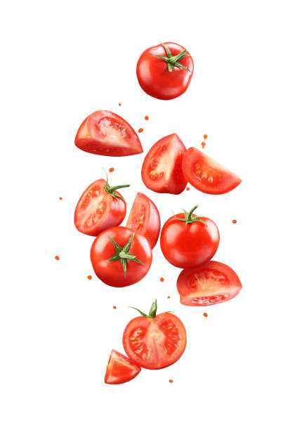 tomate en rodajas y entero en vuelo sobre fondo blanco - tomate cereza fotografías e imágenes de stock
