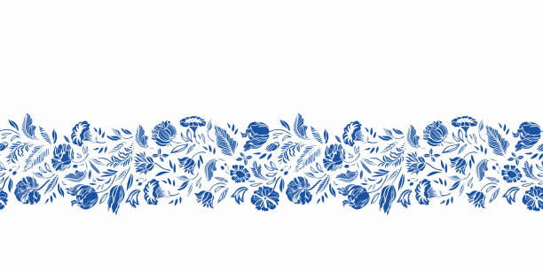 Classic porcelain blue floral border. Royal hand drawn baroque floral design. Vector classic porcelain blue floral border. Seamless royal hand drawn baroque design. Blue cutout florals on white background. Elegant nature background. Surface pattern design. dutch baroque architecture stock illustrations