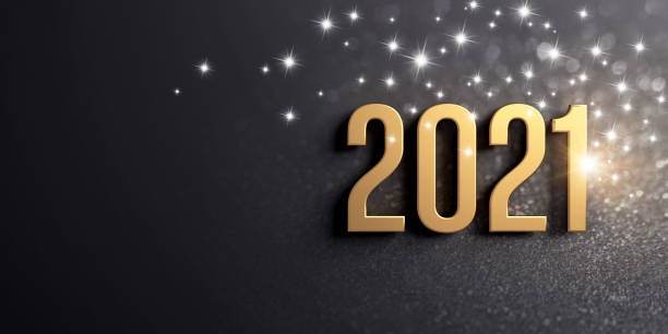 New Year gold date 2021 for greeting card New year greeting card 2021. Date number colored in gold on a festive black background, with glitters and stars - 3D illustration 2021 stock pictures, royalty-free photos & images