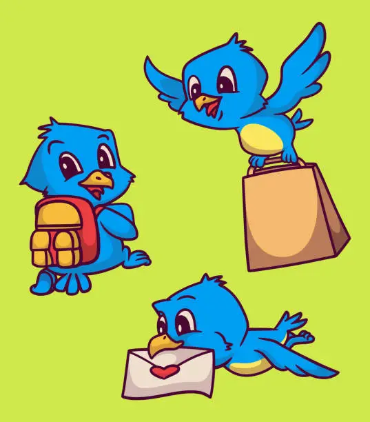 Vector illustration of cartoon animal design bird wears a bag, flies with a shopping bag, and bites the envelope in its mouth cute mascot illustration