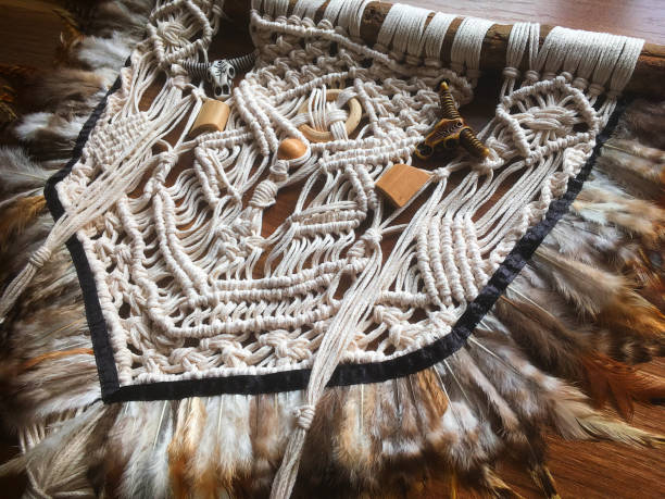 istock Handmade wall hanging white color with feathers. Home decor photo 1286326443