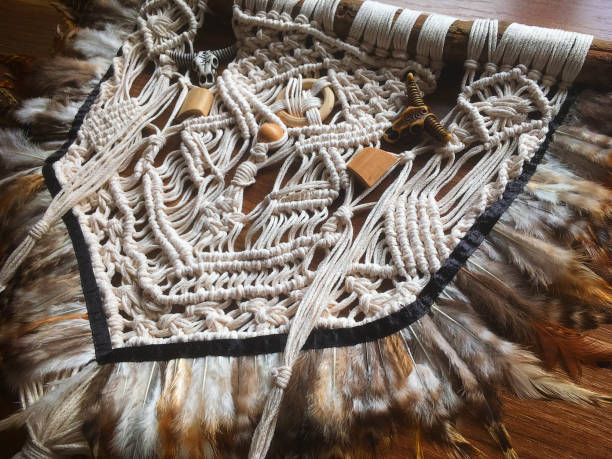 istock Handmade wall hanging white color with feathers. Home decor photo 1286326445