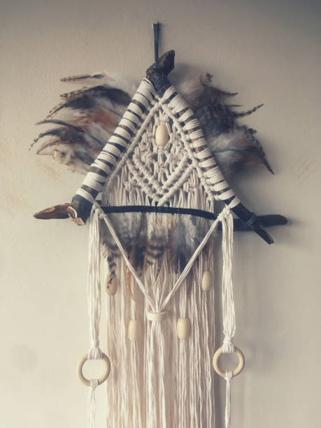 istock Handmade wall hanging white color with feathers. Home decor photo 1286326456