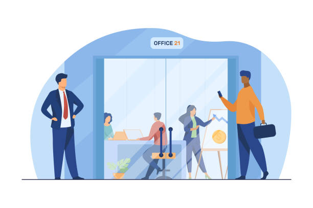 Businesspeople walking in corridor to office glass door Businesspeople walking in corridor to office glass door. Employees at workplaces and presentation board flat vector illustration. Business center concept for banner, website design or landing web page entrance stock illustrations