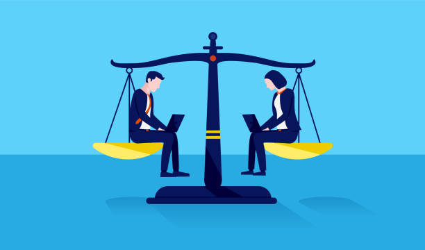 Gender equality in the workplace Businessman and woman on scale with equal weight between the genders. Vector illustration. gender equality stock illustrations