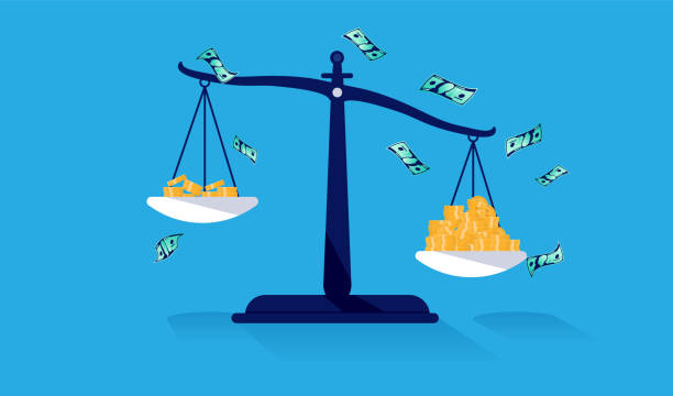 Unequal pay concept with weight scale with money Weight scale showing different salary and amount of money. Inequality and unfair concept. Vector illustration. wealthy stock illustrations