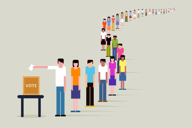 ilustrações de stock, clip art, desenhos animados e ícones de people stand in a long queue to cast vote in the election. - vote casting