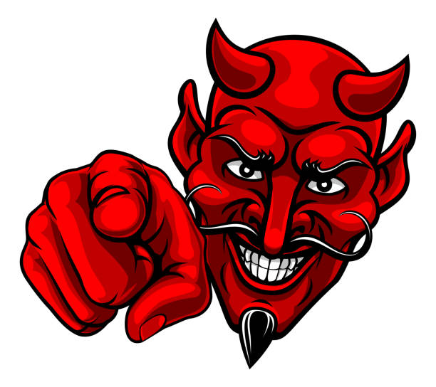 teufel satan zeigt finger auf sie maskottchen cartoon - teufel stock-grafiken, -clipart, -cartoons und -symbole