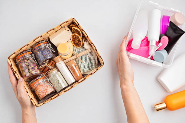 istock Preparing self care package, seasonal gift box with zero waste cosmetics vs industrial plastic products 1286329805