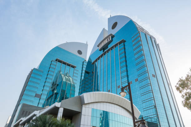 Twin building of Alinma Bank with symbol of fish, landmark of Riyadh, Saudi Arabia stock photo