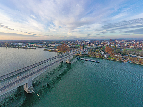 Aerial view of the Nibelungen Bridge in Worms with a view of the city gate during sunrise