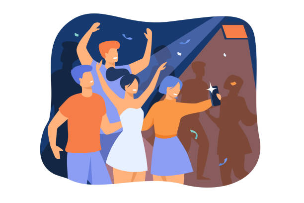 Happy young people taking selfie on smartphone Happy young people taking selfie on smartphone while dancing and having fun at concert in night club. Vector illustration for party, entertainment, friends concept concert illustrations stock illustrations