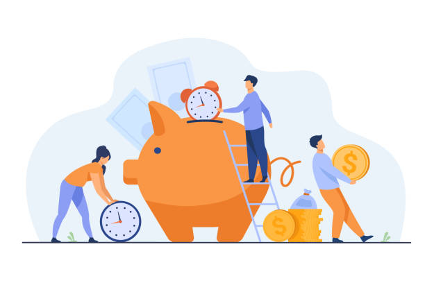 Rich people keeping cash and clocks in piggy bank Rich people keeping cash and clocks in piggy bank. Vector illustration for time Is money, business, time management, wealth concept piggy bank illustrations stock illustrations