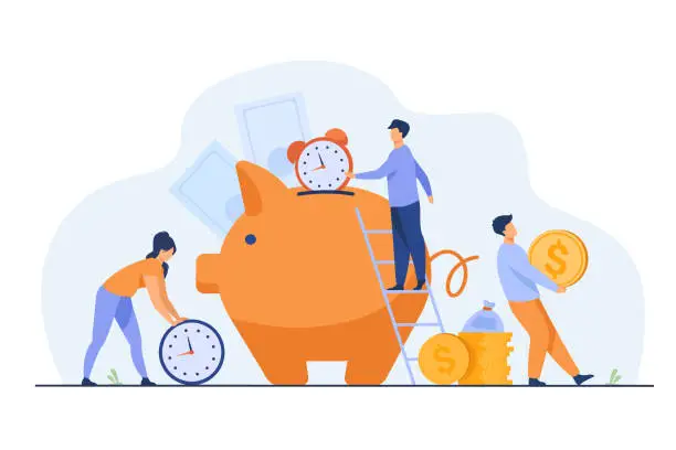 Vector illustration of Rich people keeping cash and clocks in piggy bank