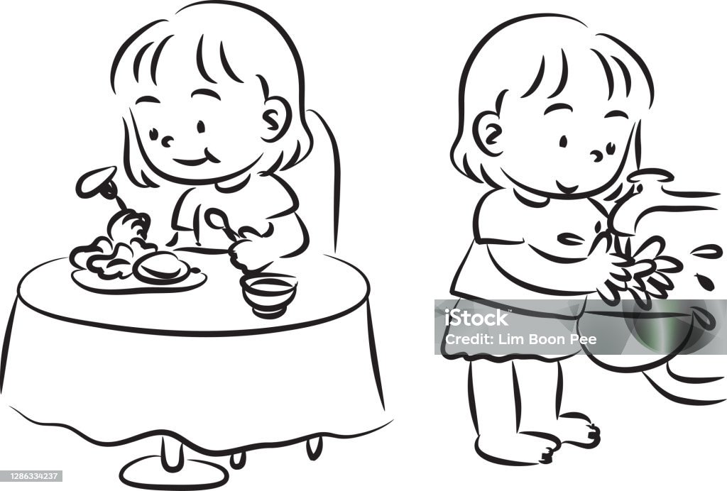  Ilustración de Vector Chica Dibujo Animado Lavarse La Mano Antes De Comer y más Vectores Libres de Derechos de Agua
