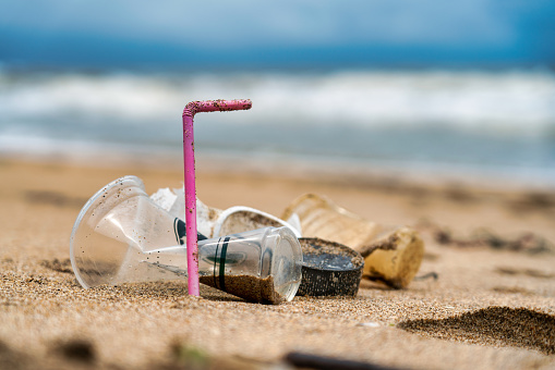 Plastic pollution is strewn on this sandy beach leading to the ocean.  One pink straw and a drinking cup both discarded single-use plastic items.