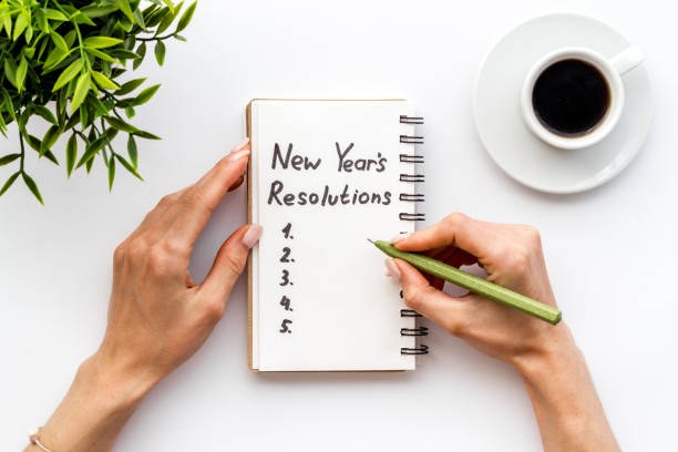 istock New Year's resolutions with Christmas decorations. Overhead view 1286337423