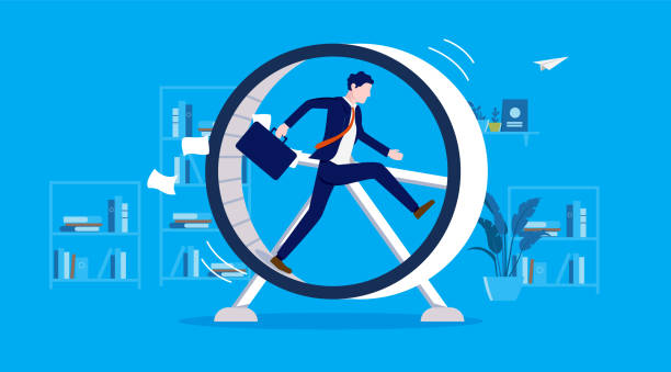 Businessman in hamster wheel Man working hard in meaningless job, feeling useless, stressed and having no progress. Stuck in rut concept. Vector illustration. rat race stock illustrations