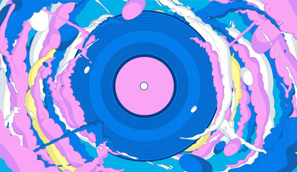 Vinyl record party illustration Music record spinning with colourful smoke trails. Vector illustration hipster background stock illustrations