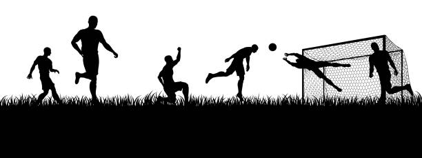 illustrazioni stock, clip art, cartoni animati e icone di tendenza di calciatori silhouette match scene - kick off soccer player soccer kicking