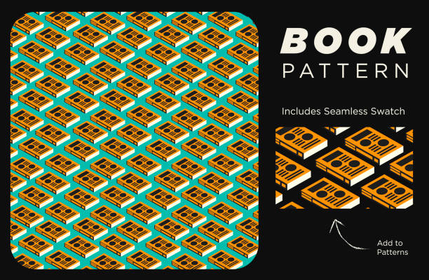 ilustrações, clipart, desenhos animados e ícones de textura de livro 3d isométrico funky para padrão sem emenda geek em laranja brilhante e papel de parede de fundo roxo - book store paperback stack