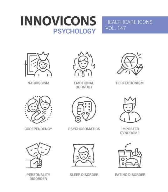 Psychology concept - line design style icons set Psychology concept - line design style icons set. Mental health and psychological problems. Narcissism, codependency, psychosomatics, imposter syndrome, eating, personality, mood and sleep disorders co dependent relationship stock illustrations