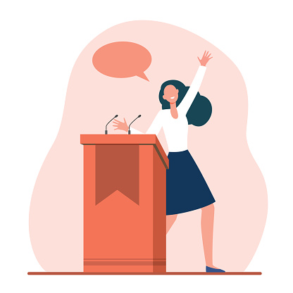 Positive speaker talking from tribune. Discussion, stage, candidate flat vector illustration. Public speech and politics concept for banner, website design or landing web page