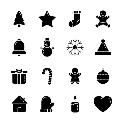 Christmas icon set. Black silhouette winter toys collection. New Year symbols group. Vector illustration isolated on white