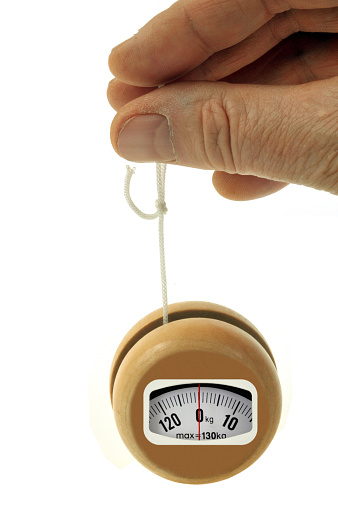 Concept of yo-yo scale held in close-up on a white background