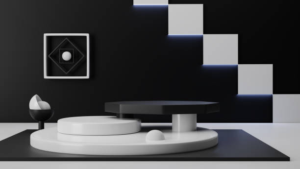 istock Black and white podium 3d rendering used for additional product, Minimal modern style with circle Dark and square pedestal studio background. 3d render. 1286342472